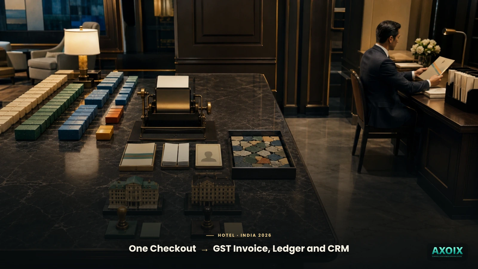 AXOIX hotel checkout creating a GST invoice, ledger entry and CRM contact in one step