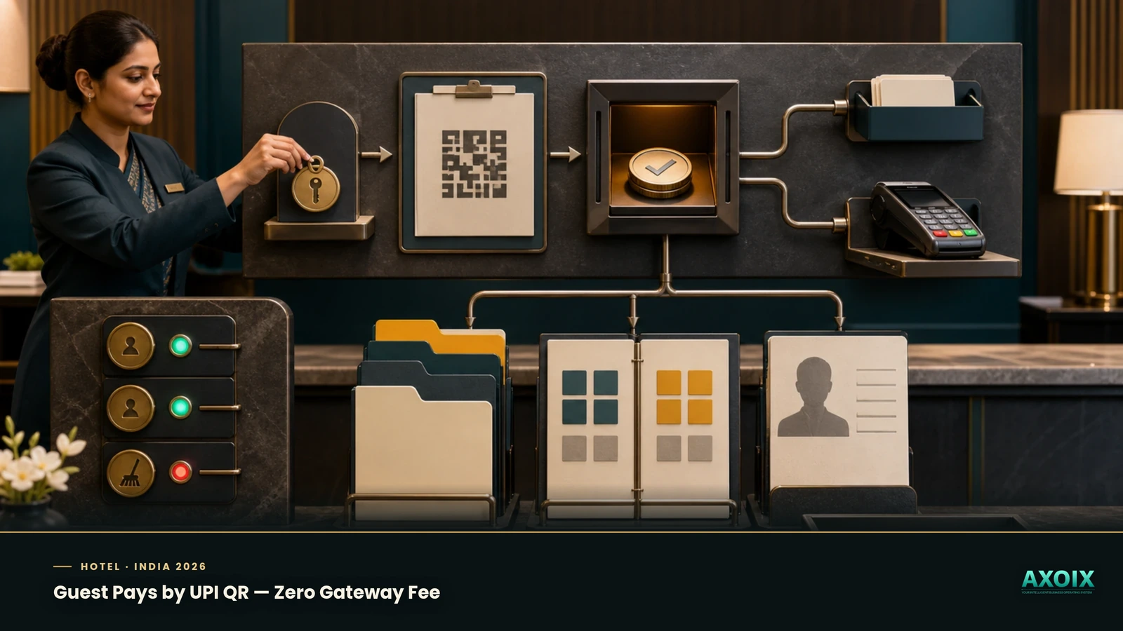 Guest paying a hotel folio by UPI QR with zero gateway fee