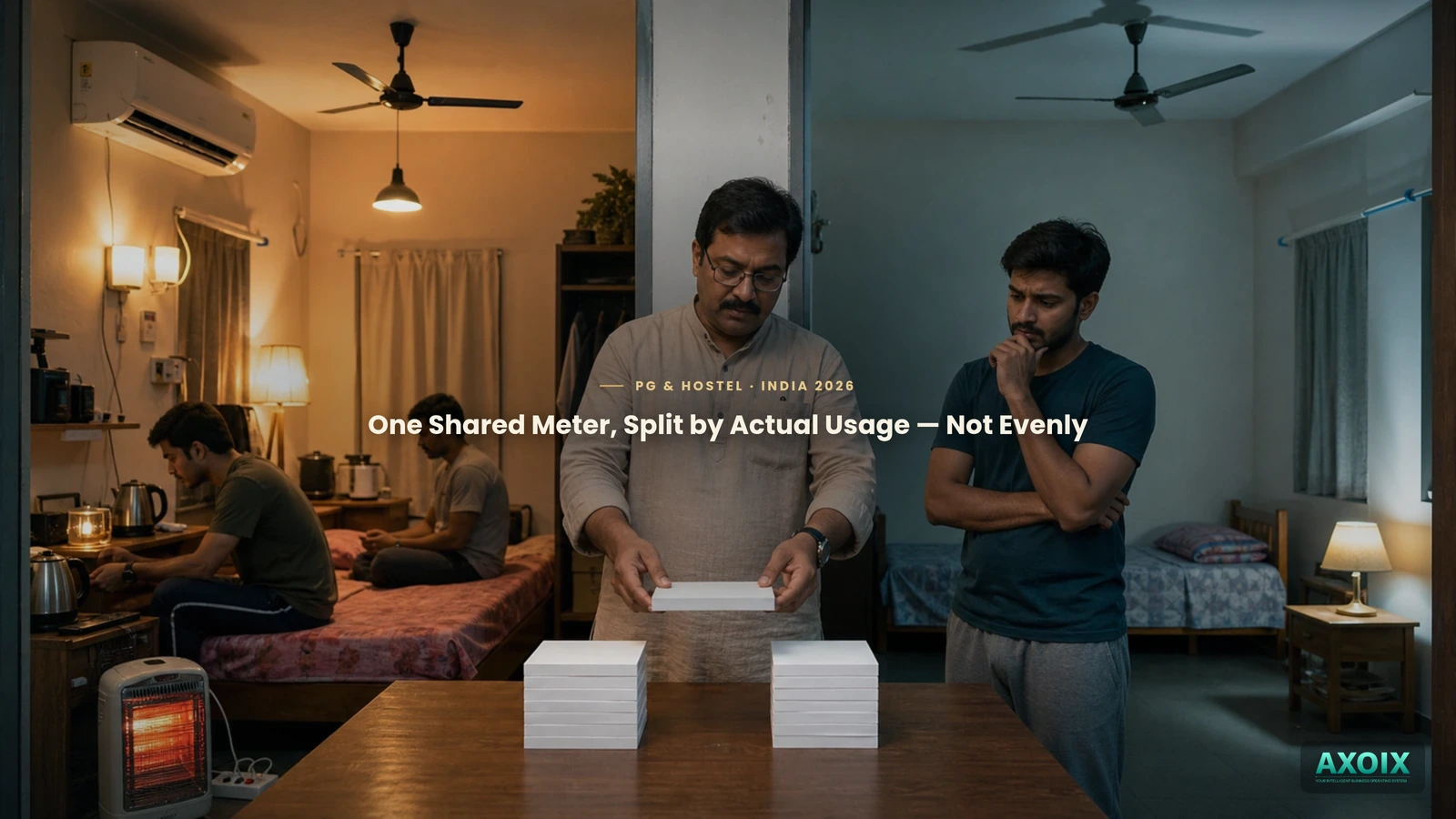 One shared electricity meter split unevenly across rooms based on actual usage