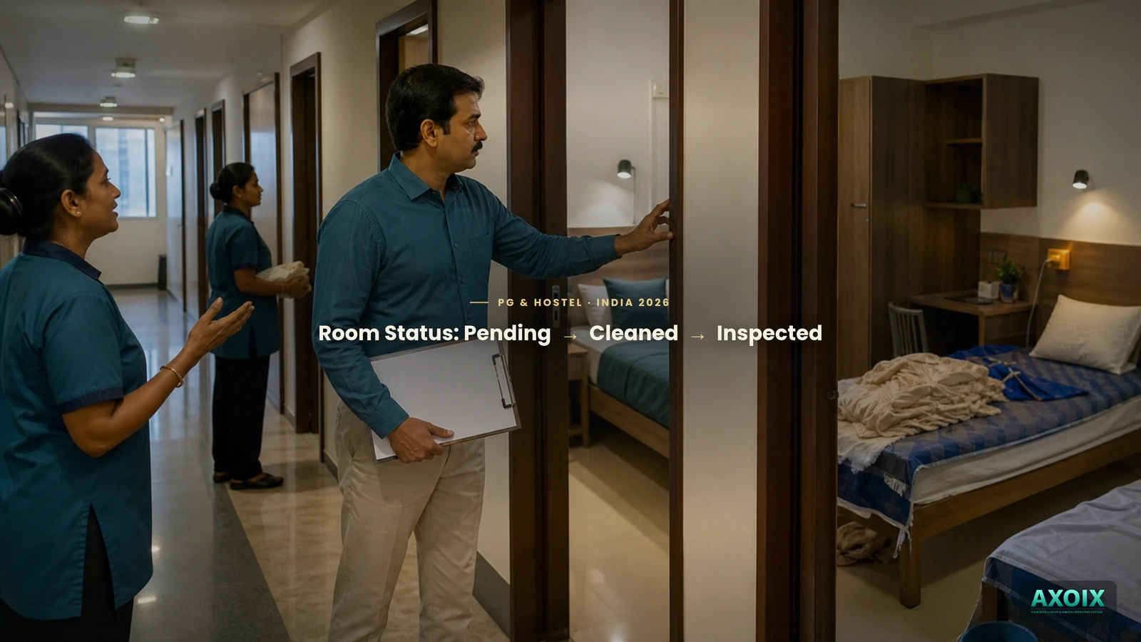 PG room cleaning status tracked from pending to inspected