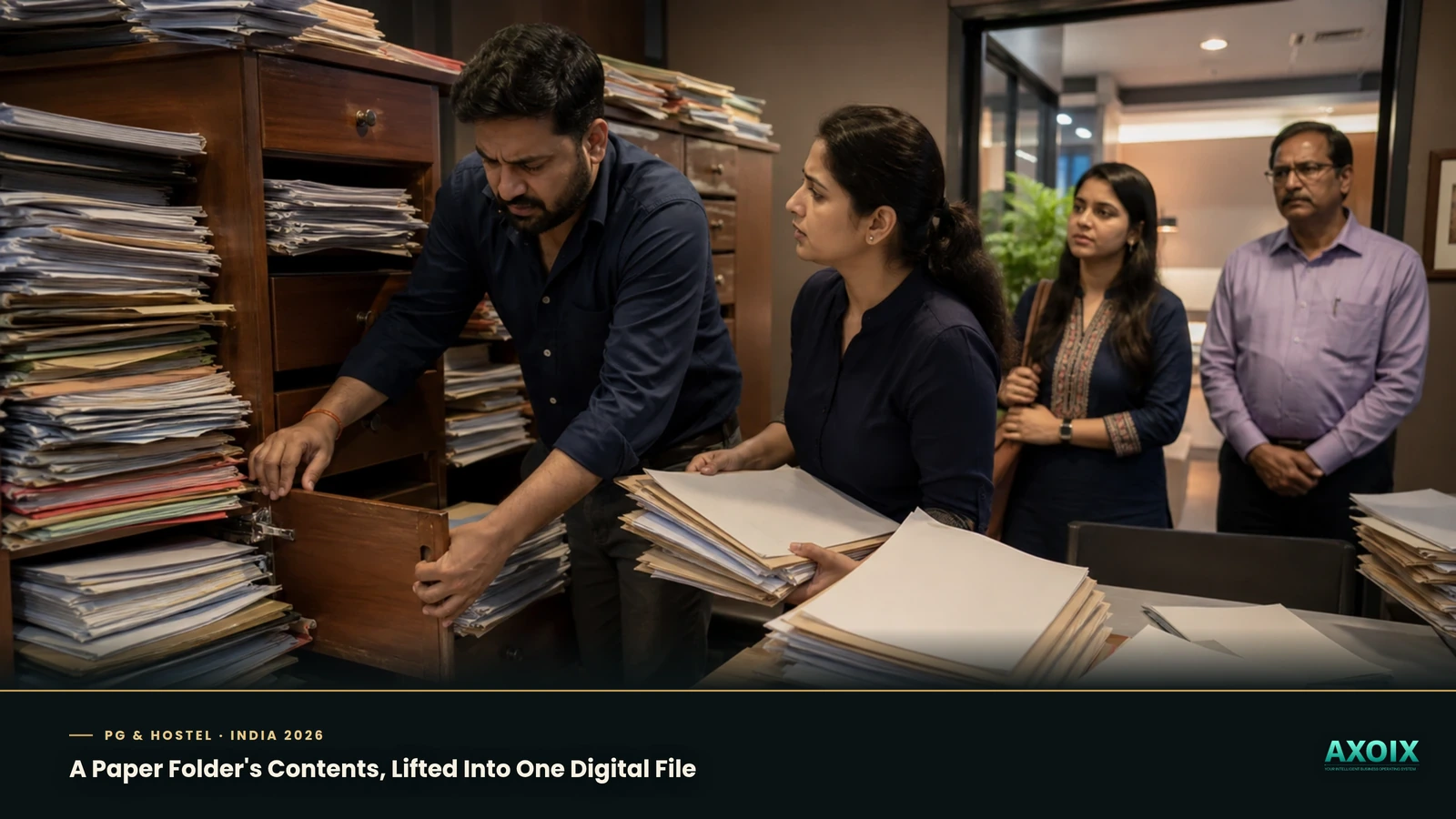A paper folder's contents lifting into a single digital tenant file