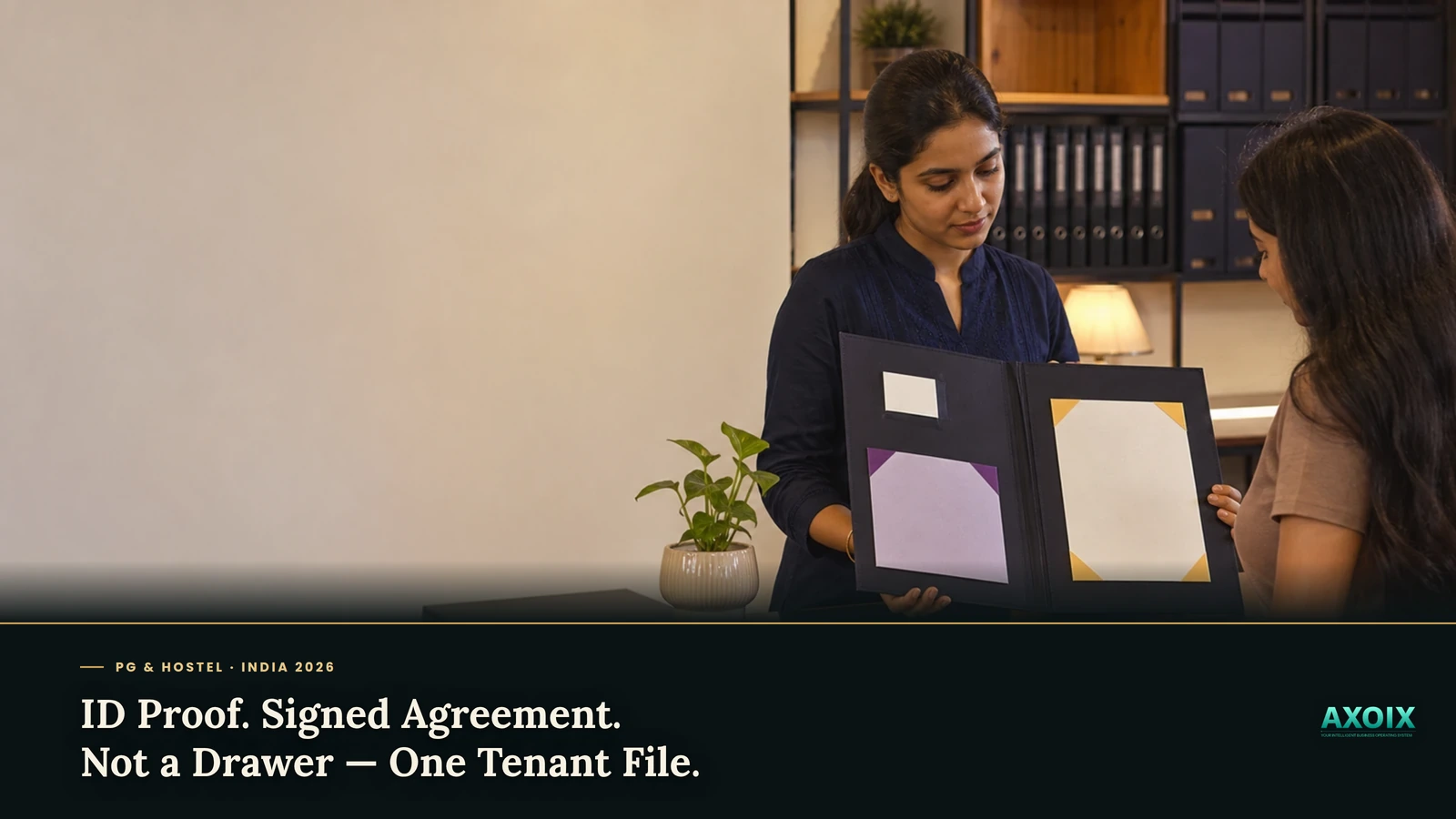 A physical tenant paperwork folder being replaced by a digital file