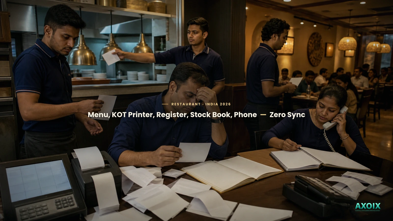 A menu, a KOT printer, a cash register, a stock notebook and a phone converging into one system