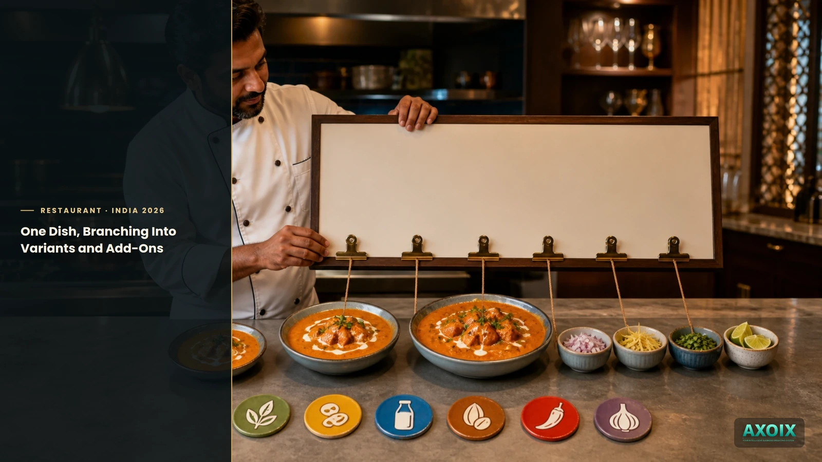 A single dish branching into size variants and add-on options
