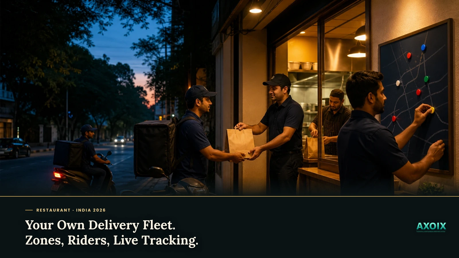 A restaurant's own delivery rider, gear ready, about to be tracked end to end