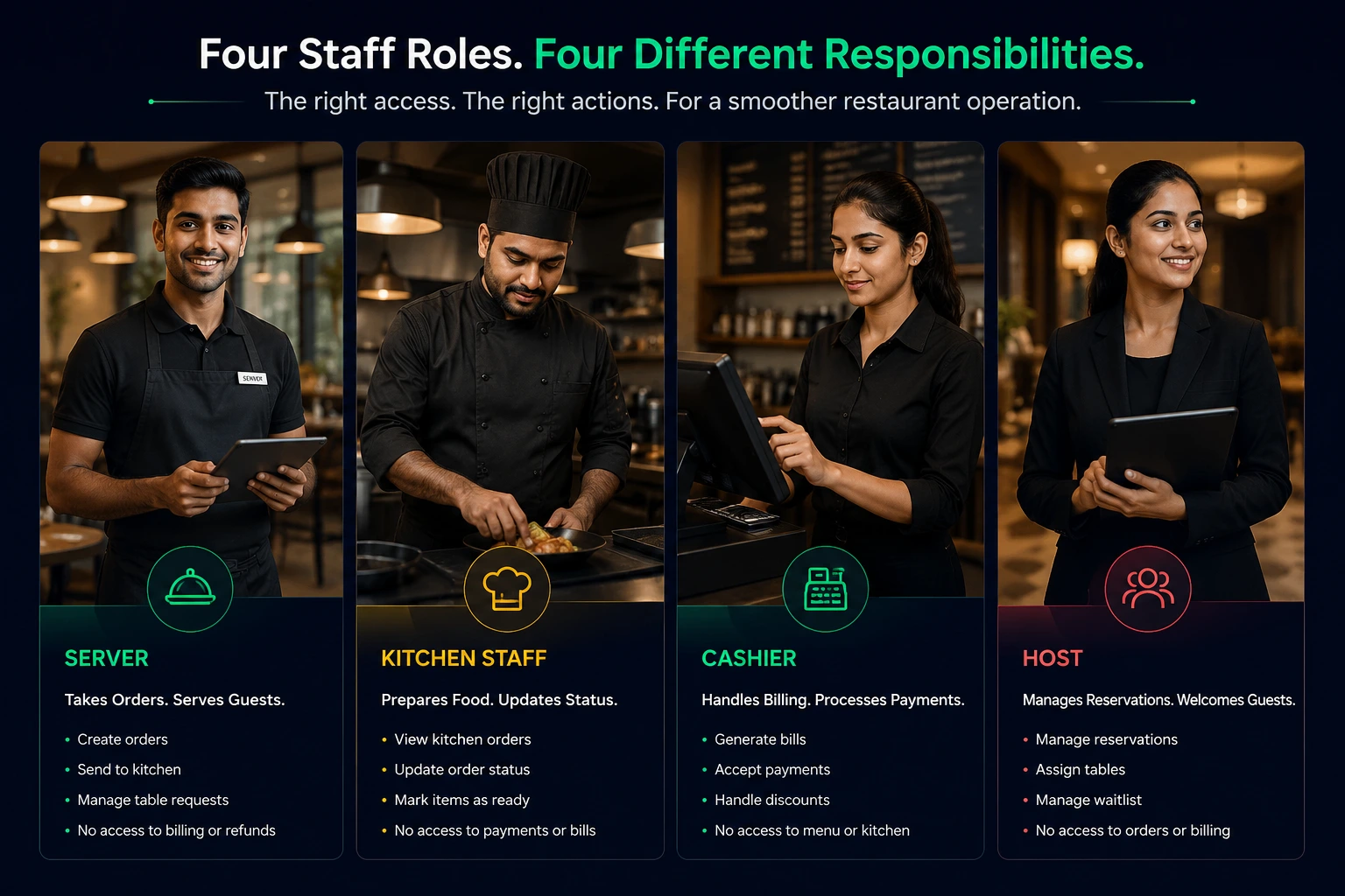 Server, Kitchen, Cashier, Host: Restaurant Roles That Match How a Restaurant Actually Runs