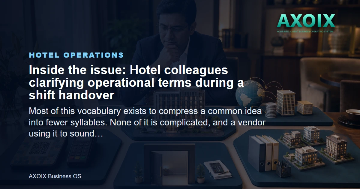 Hotel colleagues clarifying operational terms during a shift handover